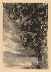Paisaje a la luz de la luna con árbol a la derecha