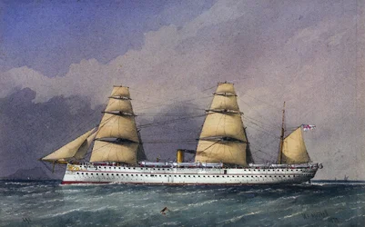 El buque HMS "Jumna" (1866), un barco de la Royal Navy con casco de hierro, para el transporte de tropas desde y hacia el subcontinente indio. Acuarela