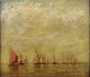 Barcos venecianos reflejándose en el mar en calma. Óleo sobre madera