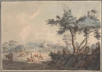 Paisaje, castillo y ganado