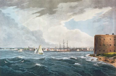 Nueva York, desde la isla del Gobernador, grabado por I. Hill, pub. por Henry I. Megarcy, Nueva York, 1820