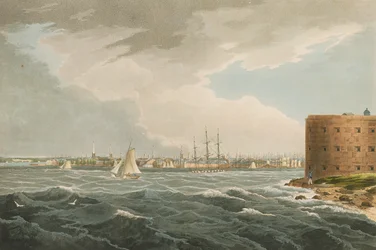 Nueva York desde Governors Island, no.20 de la Hudson River Portfolio, grabado por J. Hill, 1821-25