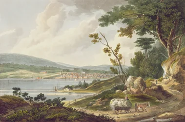 Newburg, no.14 de la Hudson River Portfolio, grabado por J. Hill, 1821-25