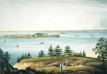 La bahía de Nueva York y la isla de los Gobernadores tomada desde Brooklyn Heights
