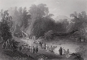 El río Jordán, lugar de baño griego (grabado)