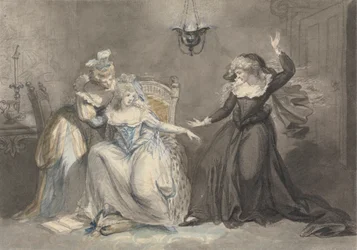 Escena dramática con tres mujeres en un interior