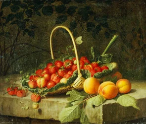 Una cesta de fresas con duraznos en un borde de piedra, 1856