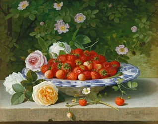 Fresas en un Buckelteller azul y blanco con rosas y escaramujos en un borde, 1871