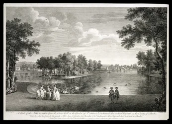 Vista del lago desde el paseo central en el jardín de West Wycombe, Buckinghamshire, grabado por William Woollett
