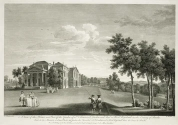 Vista de la casa y parte del jardín en West Wycombe, Buckinghamshire, grabado por William Woollett (1735-85)