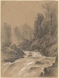 Paisaje montañoso, arroyo y cascada