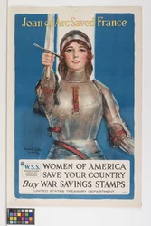 "Juana de Arco salvó a Francia MUJERES DE AMÉRICA SALVA TU PAÍS COMPRAR ESTAMPILLOS SALVA GUERRA"