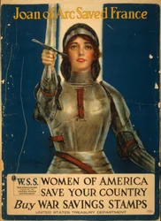Juana de Arco salvó a Francia, las mujeres de América salvan a su país, compren sellos de ahorro de guerra