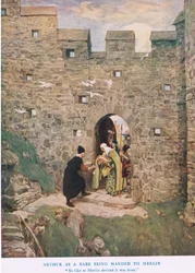 Arturo como bebé siendo entregado a Merlín, ilustración de 