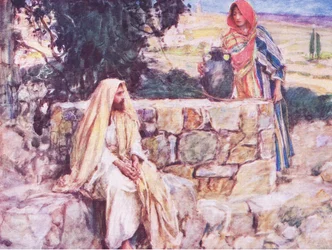 Cristo y la mujer de Samaria, de La Historia de la Biblia publicada por Hodder & Stoughton, c.1930