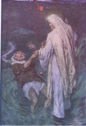 Cristo caminando sobre el mar, de La Historia de la Biblia publicada por Hodder & Stoughton, c.1930
