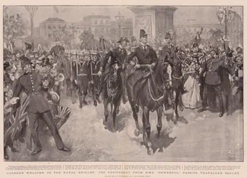 La bienvenida de Londres a la Brigada Naval, el contingente del HMS Powerful pasando por Trafalgar Square