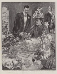 El matrimonio de Madame Patti, la novia cortando el pastel de bodas