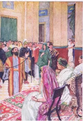 Pablo ante Agripa, de La Historia de la Biblia publicada por Hodder & Stoughton, c.1930 (litografía en color)