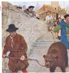Shakespeare observa un oso camino al Bear Garden en Bankside, de My Magazine, pub.1922