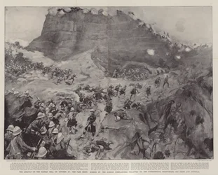 El asalto a la colina Dargai el 20 de octubre, el paso siendo tomado por los Gordon Highlanders, seguido por los Dorsetshires, Derbyshires, 3rd Sikhs y Gurkhas