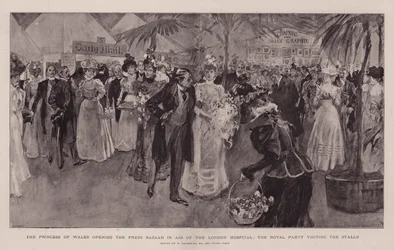 La Princesa de Gales inaugurando el Bazar de Prensa en Ayuda del Hospital de Londres, la Fiesta Real visitando los Puestos