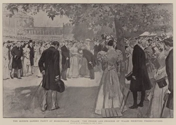 La fiesta en el jardín de la Reina en el Palacio de Buckingham, el Príncipe y la Princesa de Gales recibiendo presentaciones