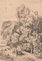 Paisaje con árboles, niña cruzando pasarela