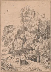 Paisaje con árboles, niñas cruzando la pasarela