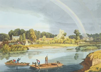Iglesia de Staines con City Stone en las orillas del río, grabado por Robert Havell el Joven, publicado en 1818