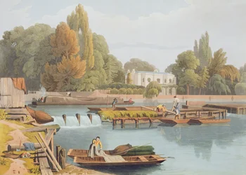 La presa, desde el puente de Marlow, grabado por Robert Havell el Joven (1793-1878) publicado en 1818