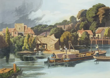 Castillo de Wallingford en 1810 durante las reparaciones del puente, grabado por Robert Havell el Joven, publicado en 1818