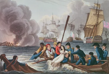 Anécdota en la Batalla de Trafalgar, grabado por Matthew Dubourg (fl.1813-20) de 