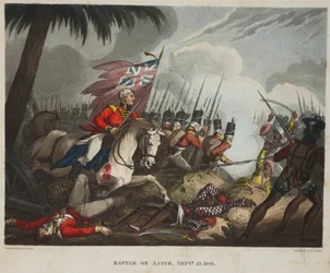 Batalla de Assye 23 de septiembre de 1803, aguafuerte por J.C. Stadler, pub. por Tegg, abril de 1818