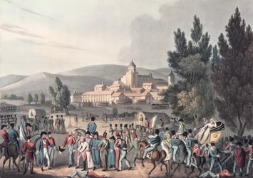 Batalla de Vitoria, 1813, trayendo a los prisioneros, grabado por I. Clarke, aguafuerte por M. DuBourg