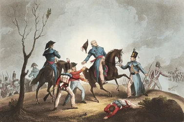 Muerte de Sir John Moore (1761-1809), 17 de enero de 1809, de «The Martial Achievements of Great Britain and her Allies from 1799-1815», por James Jenkins, grabado por Thomas Sutherland (n. 1785), publicado
