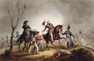 Muerte de Sir John Moore (1761-1809), 17 de enero de 1809, de «Los logros militares de Gran Bretaña y sus aliados de 1799-1815», por James Jenkins, grabado por Thomas Sutherland (n. h. 1785), publicado
