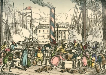 Embarcando en el Margate Steam Packet en el muelle de London Bridges, 1838