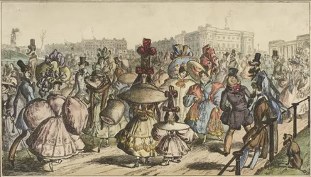 Hombres y mujeres con atuendos llamativos caminando en un parque en una ciudad The Park - 1830 (título sobre objeto)