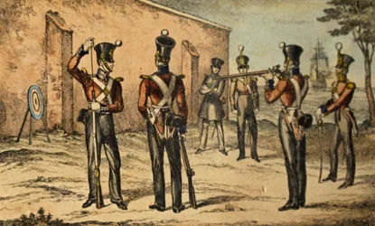 Traje actual de los marines en práctica de tiro al blanco, c.1835