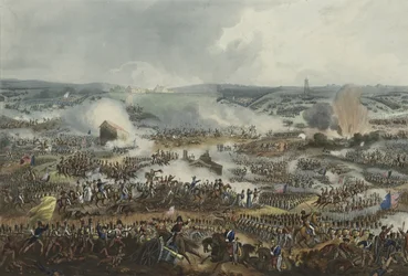 La batalla de Waterloo, 18 de junio de 1815, aguatinta de Thomas Sutherland (1785-1838), publicada en «Martial Achievements» de James Jenkins, 1 de septiembre de 1815