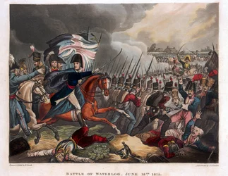 El Duque de Wellington (1769-1852) con tropas avanzando en la Batalla de Waterloo, ilustración de un poema narrativo por Dr. Syntax, 1818