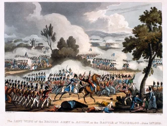 El ala izquierda del ejército británico en acción en la batalla de Waterloo, grabado por Thomas Sutherland, 1815