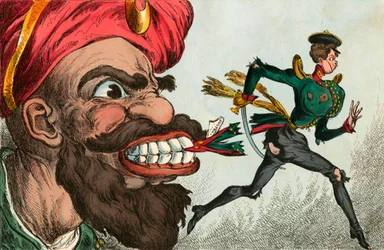 El comienzo de la guerra de Crimea visto por un caricaturista de Europa occidental, década de 1850.