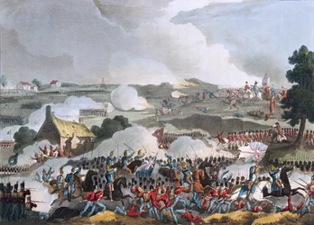 El centro del Ejército Británico en acción en la Batalla de Waterloo, 18 de junio de 1815, aguafuerte coloreado por Sutherland, 1815