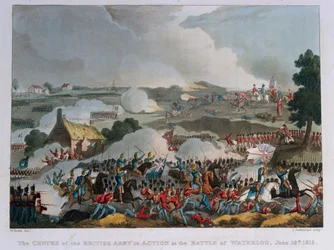 El centro del ejército británico en acción en la batalla de Waterloo, 1815
