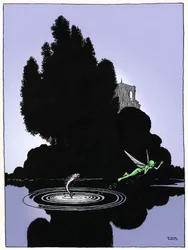 Un duende representado en la página introductoria del acto IV de la obra de William Shakespeare "Sueño para una noche de verano" (1595), dibujo de W. Heat Robinson edición de 1914, Constable.