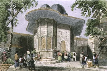 Fuente en Galata, Estambul, grabado por H. Griffiths, c.1850