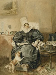 Retrato de una dama junto a una mesa con un perro