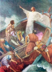 Jesús calmando la tormenta (litografía en color)